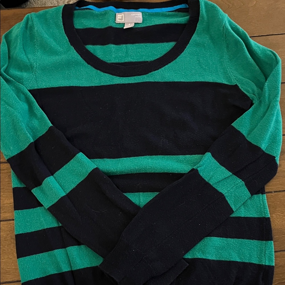 JCPenney Cashmere Blend Green and Black Striped Crew Neck Sweater